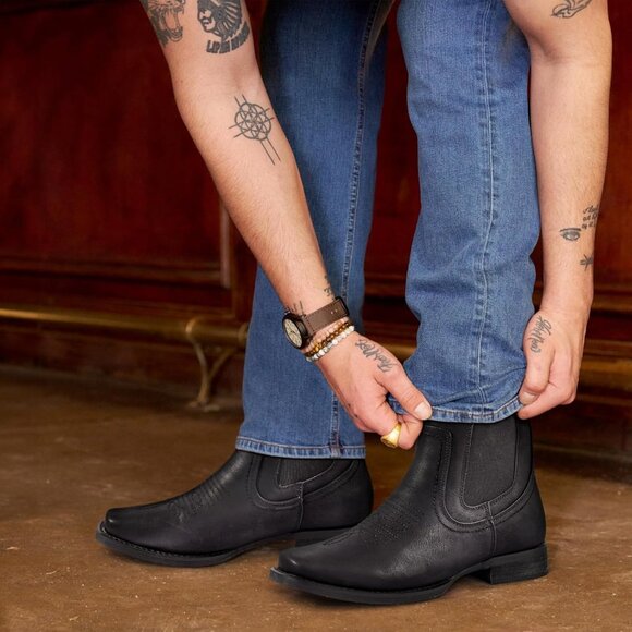 ⚡Men\'s Black Ankle Cowboy Boots Square Toe Chelsea Casual Retro Stylish Boots